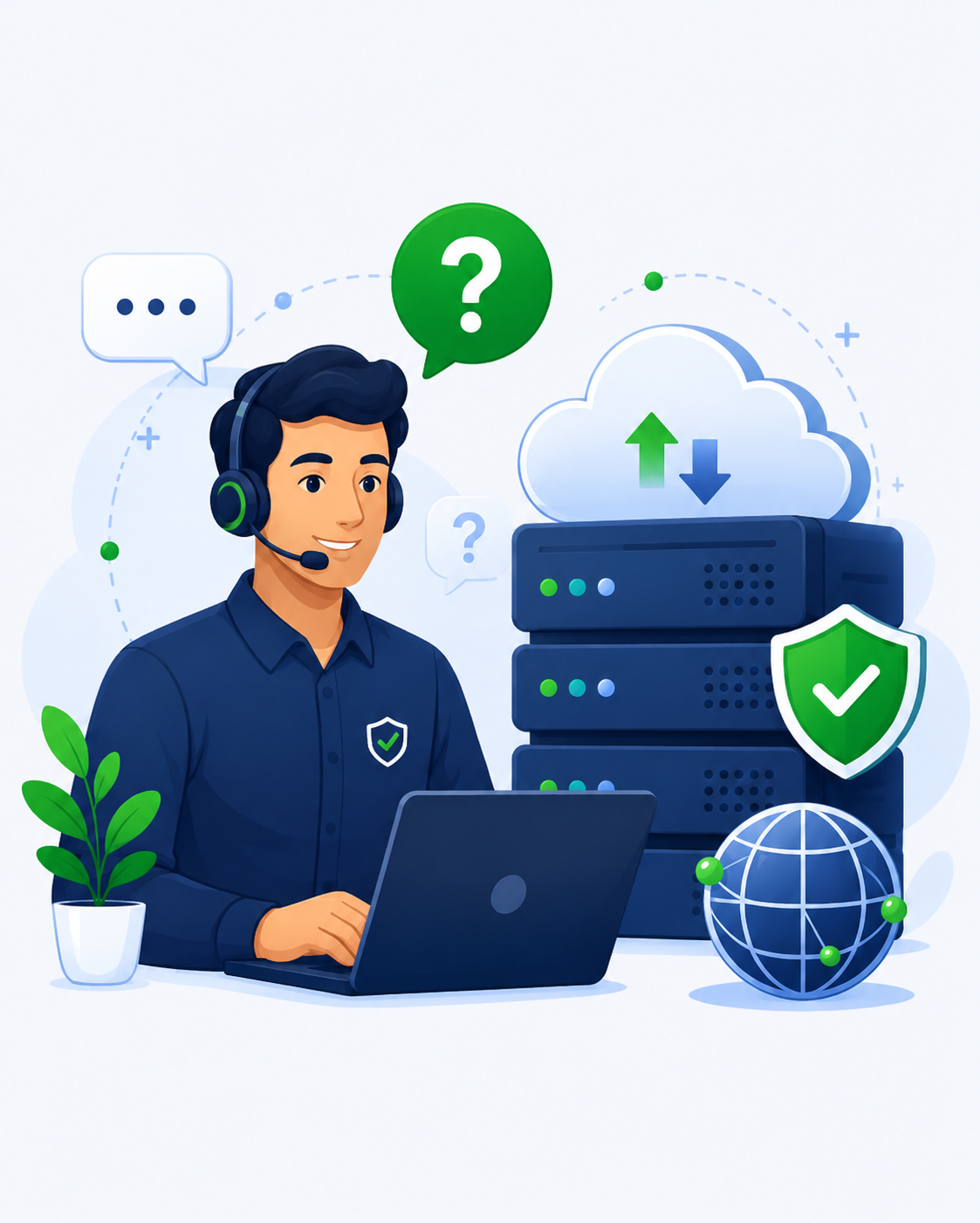 Customer support representative answering web hosting frequently asked questions